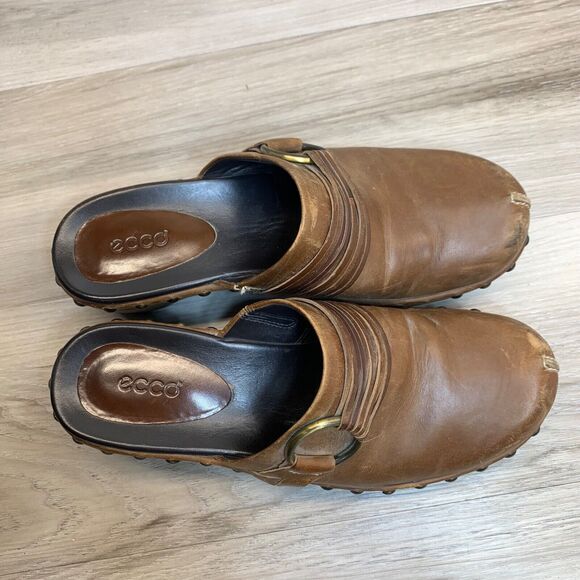 Ecco Leather Studded Slip On Size 6 EU 37 Mules Clogs Chunky Strap Boho Brown - Picture 14 of 14